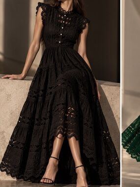Black Crochet Lace Tiered Maxi Dress